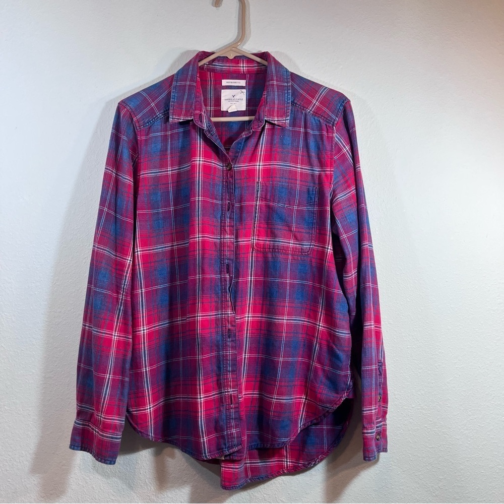 American Eagle Boyfriend Fit Red Blue Plaid Flannel Shirt Cotton Button Down L